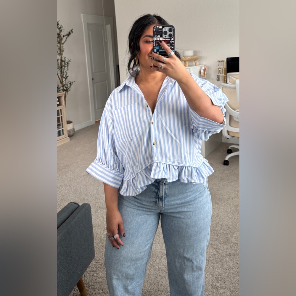 CHYRII Womens Dressy Casual Blouse Top Ruffled Short Sleeve Button Down Striped